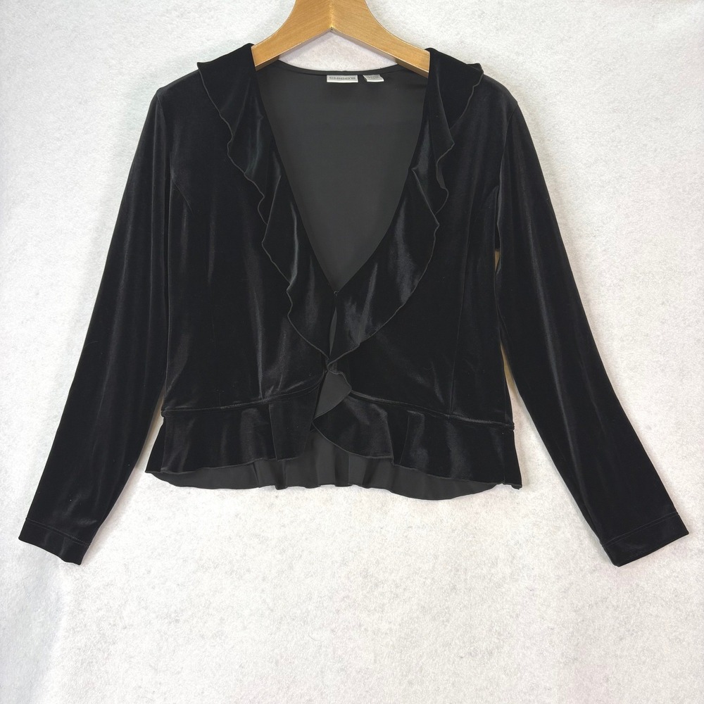 Chico's Black Velvet Ruffle Trim  Center Hook‎ Cardigan Women M Witchy Soft Goth